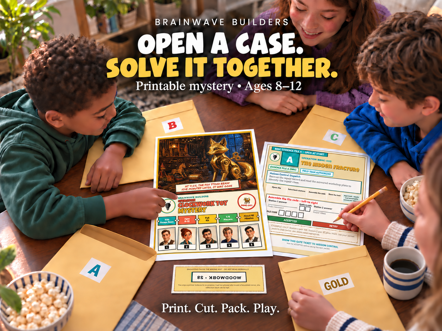 Illustration of a family playing The Clockwork Toy Mystery together