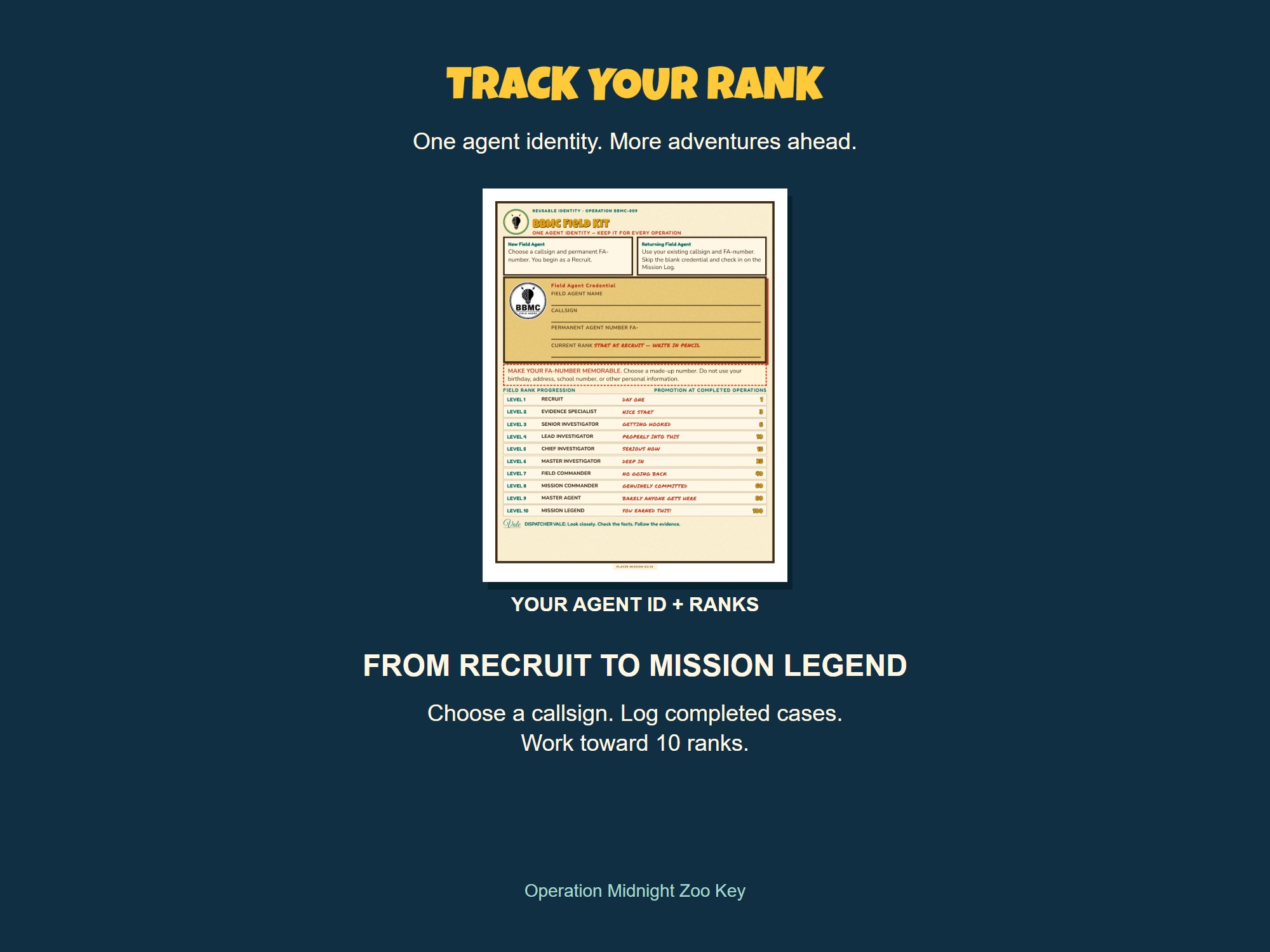 Agent credential, mission log progression and ten ranks from Recruit to Mission Legend