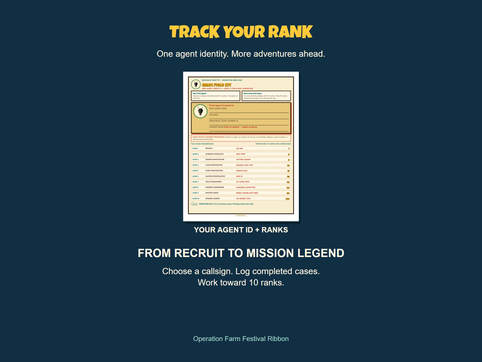 Agent credential, mission log progression and ten ranks from Recruit to Mission Legend