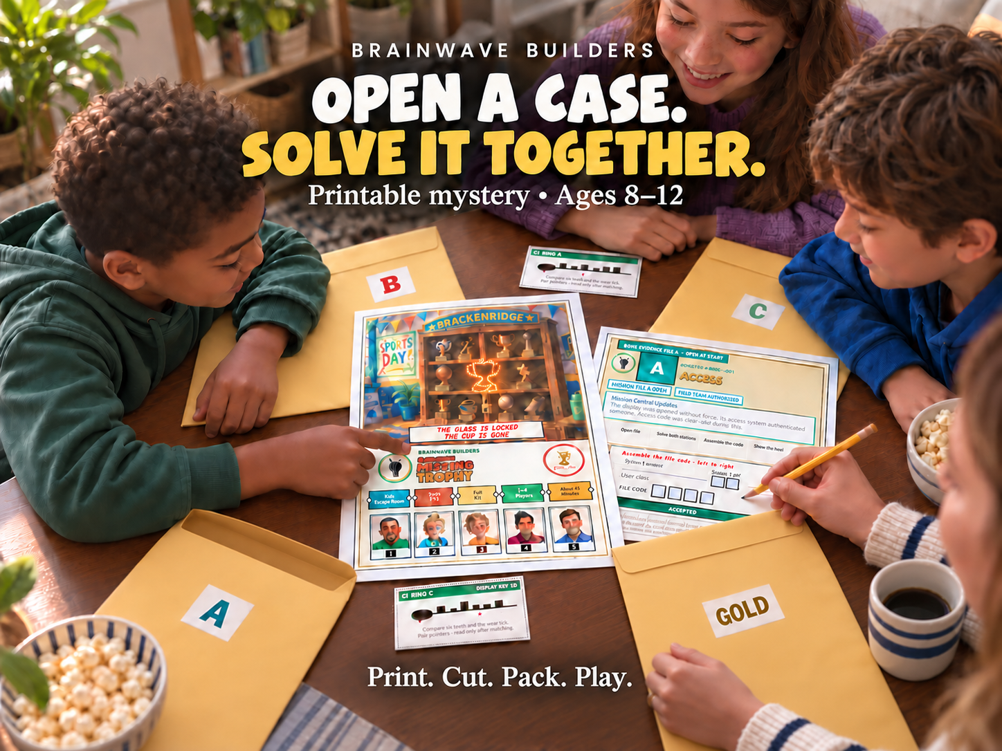 Illustration of a family investigating a printable mystery together