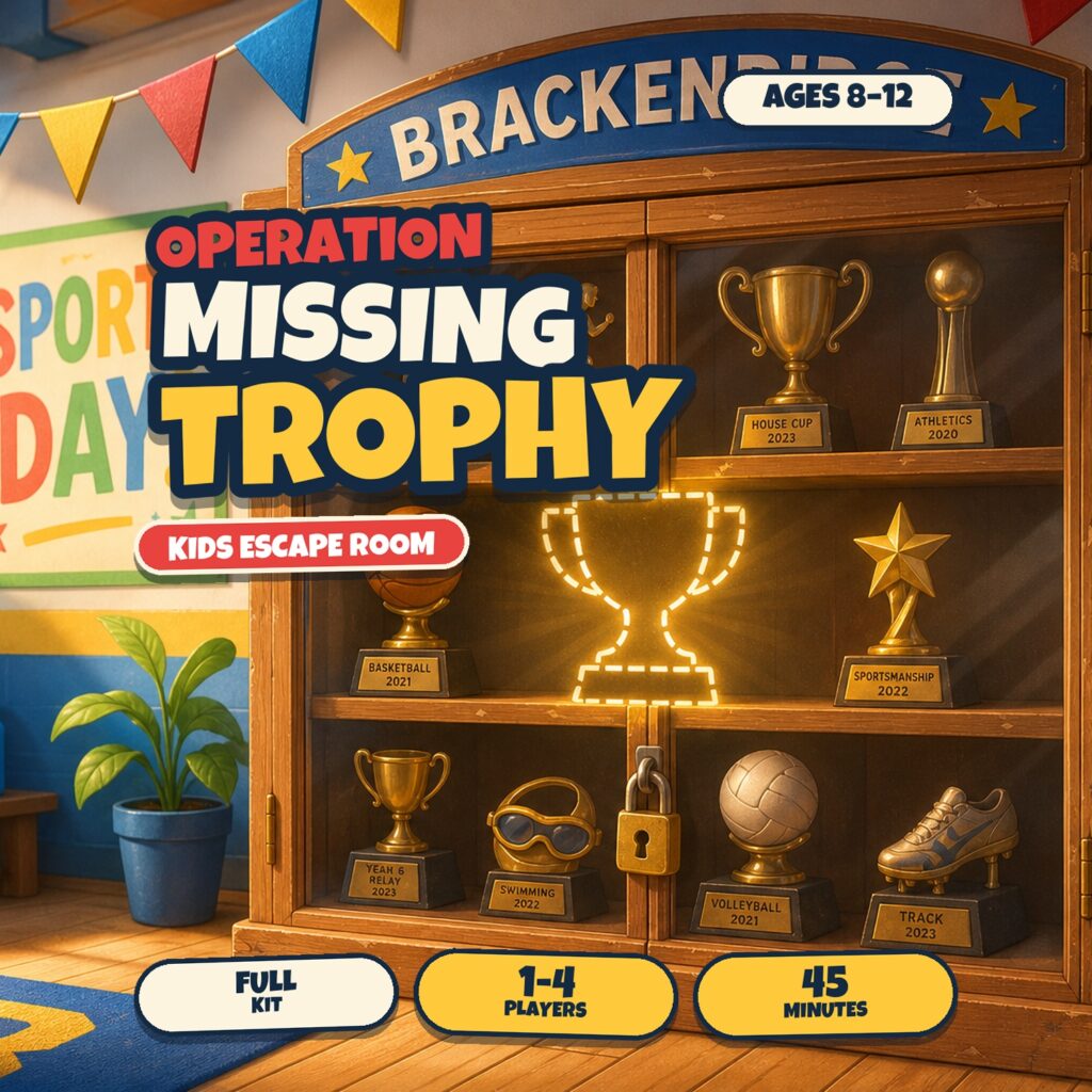 Operation Missing Trophy printable kids escape room, ages 8–12, for 1–4 players